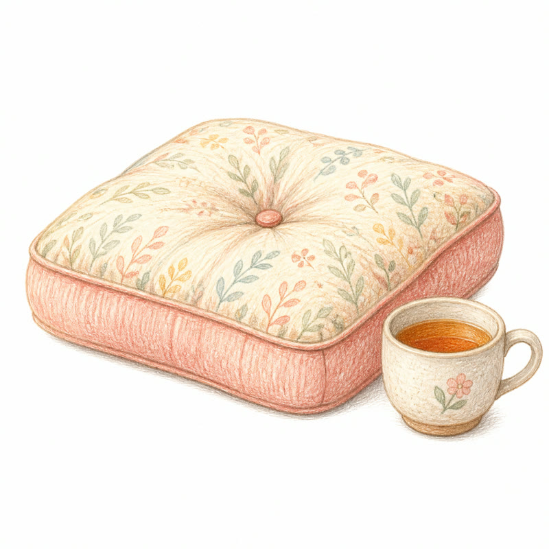 Dibujo a lápiz de un cojín de suelo y una taza de té