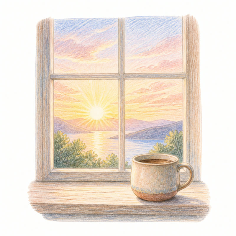 Dibujo a lápiz de un amanecer por la ventana con una taza en el alféizar