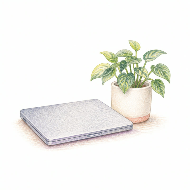 Dibujo a lápiz de un portátil cerrado junto a una planta